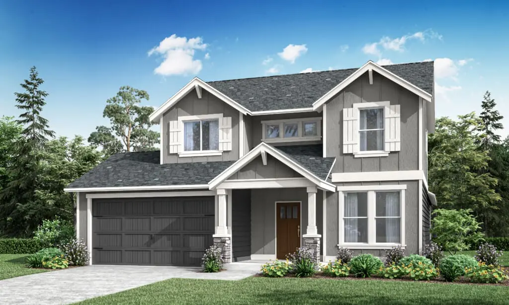 A two-story modern suburban house on SE Heritage Rd with gray siding, white trim, a front porch, dark garage door, and a well-maintained lawn with shrubs and trees under a blue sky near Scouters Mountain.