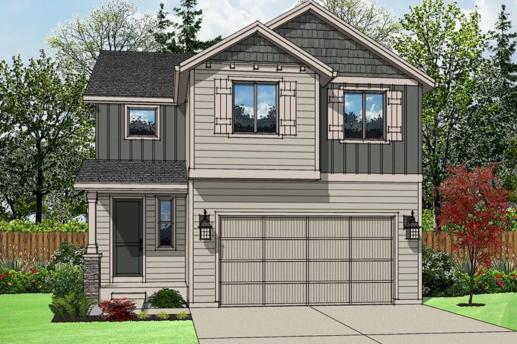 A two-story suburban house by Holt Homes with gray siding, white trim, and a double garage. The front yard features green grass, shrubs, and a red-leafed tree—perfect for those seeking NW Natural Street of Dreams inspiration.