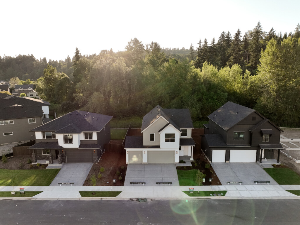 Aerial view of three modern, two-story suburban houses with driveways and green lawns in a new community, set against tall trees—perfect for families seeking convenient commutes and access to quality education.