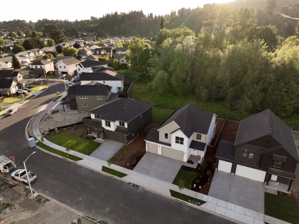 Aerial view of a suburban neighborhood with modern two-story houses, driveways, and green lawns. Sunlight filters through trees bordering the homes—perfect for a community tour or discovering home buying tips in this serene setting.