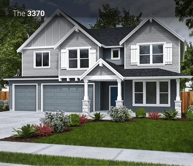 A modern two-story Holt Homes house with gray siding, white trim, three garage doors, and large windows. The manicured lawn and landscaped plants add great curb appeal. "3370" appears in the top left corner—perfect for your 2021 Floorplan Guide.