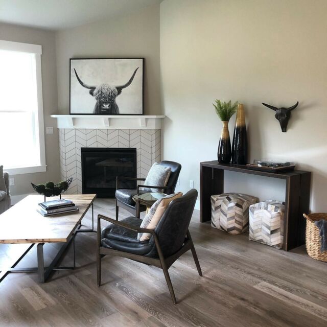 We’re loving the #natural hues and #rustic look of this brand new Holt living room staged by our friends at @emilyelizabethhome . The chevron poufs even match the chevron-tiled fireplace! All we need is a plush area rug to pull all of the textures, colors, comfort, and style together. Share your favorite place to shop for area rugs in the comments below. #holthomesgallery