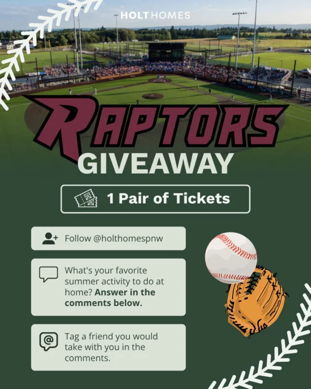 Back with another chance to win Raptors tickets! ⚾️🔥
Because summer baseball > everything and yes, we’ve got more tickets up for grabs.

To enter:
 Follow @holthomespnw
 Drop your favorite summer-at-home activity in the comments
 Tag the friend you’d bring to the game!

#HoltHomes #HoltHomesPNW #pnwhomes #home #homeinspiration #realestate #raptorsbaseball
