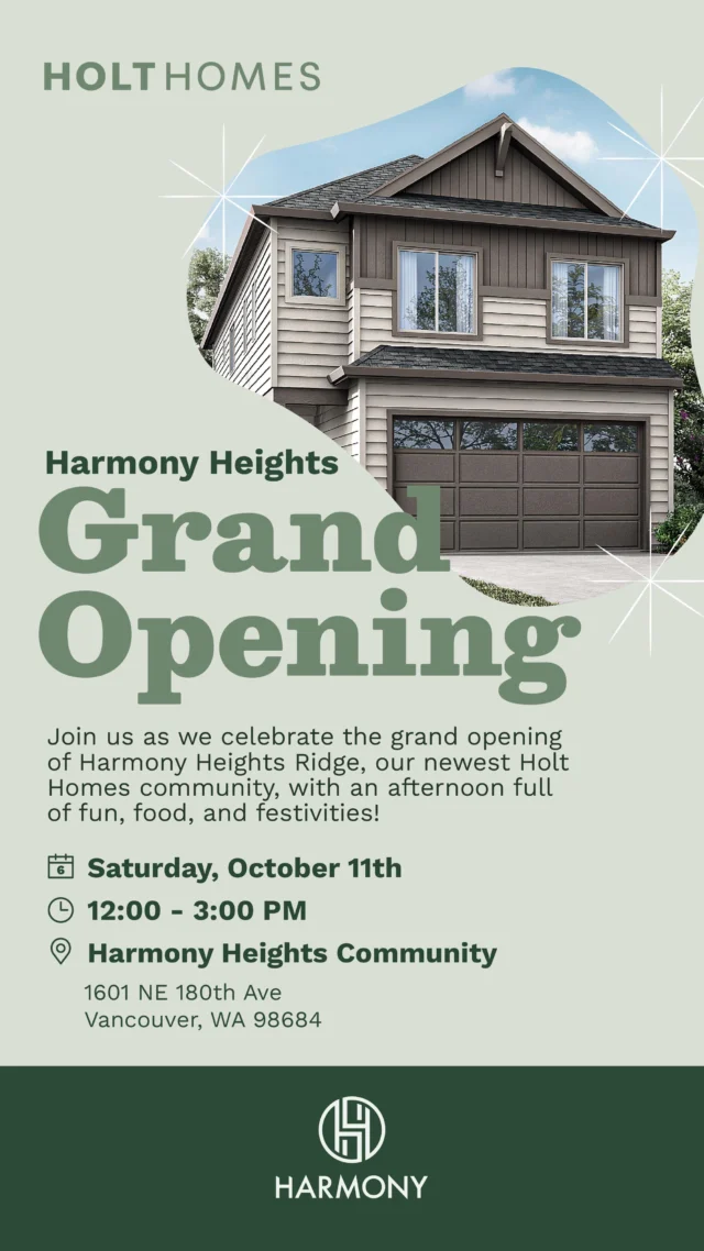 Step inside Harmony Heights 🏡✨

We’re celebrating the grand opening of our newest model homes in Vancouver, WA, on Saturday, October 11, from 12 to 3 PM

Enjoy delicious bites, explore the community, and tour beautifully designed homes. Bring your family, friends, or anyone dreaming of their next home. We can’t wait to see you there

📍 Harmony Heights Ridge, Vancouver, WA
🎟️ Details and RSVP through the link in our bio