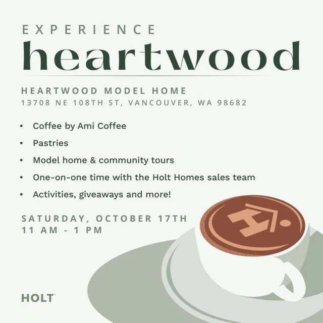 Come experience Heartwood this Saturday! ☕🏡

Coffee, pastries, tours, giveaways, and one-on-one time with our sales team. Join us at the Heartwood model home and discover everything this community has to offer.

📅 Saturday, Oct 17 | 11am–1pm
📍 13708 NE 108th St, Vancouver, WA